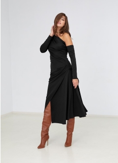 Rochie cocktail midi neagra cu fusta asimetrica si un umar decoltat Melrose