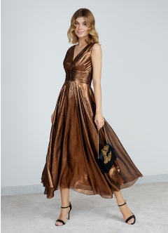 Rochie de seara midi metalica din voal de matase cu decolteu in V Casino