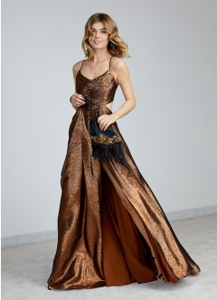 Rochie lunga de seara metalica din voal de matase cu drapaje si decupaje Lagos