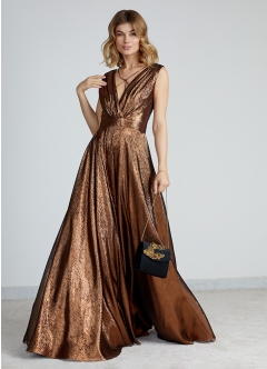 Rochie de seara lunga metalica din voal de matase cu decolteu in V Atlantis