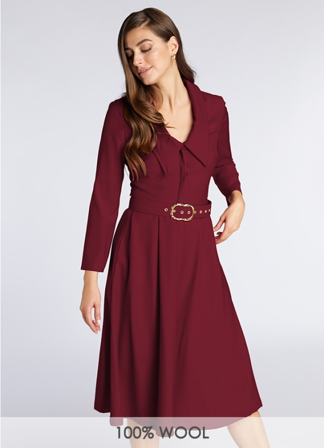 Rochie midi din lana visinie cu croiala evazata si decolteu tip camasa Zircon