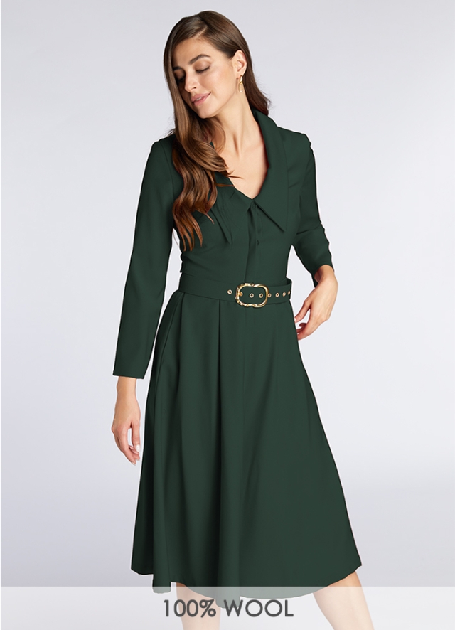 Rochie midi din lana verde cu croiala evazata si decolteu tip camasa Zircon