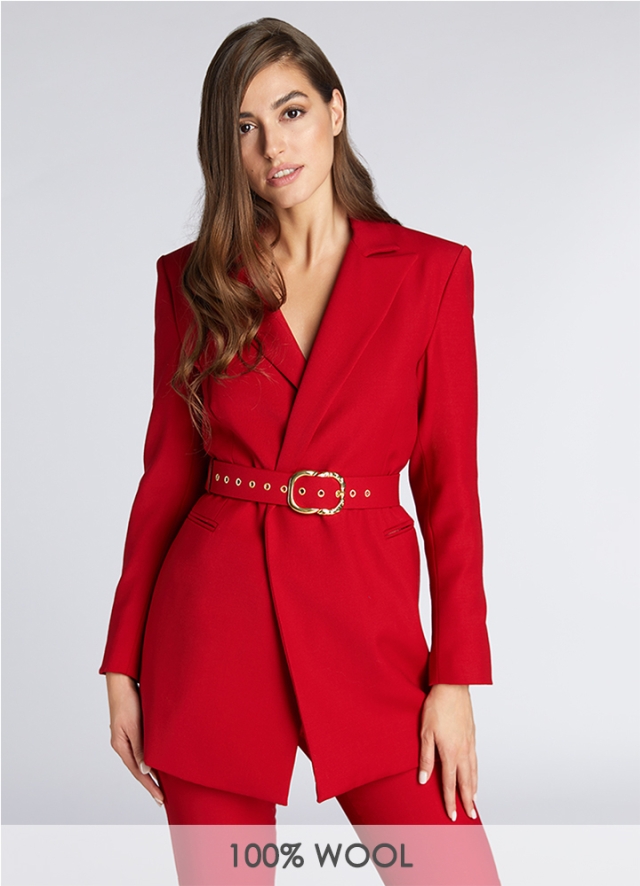 Sacou birou din lana rosu cu curea asortata in talie Davos