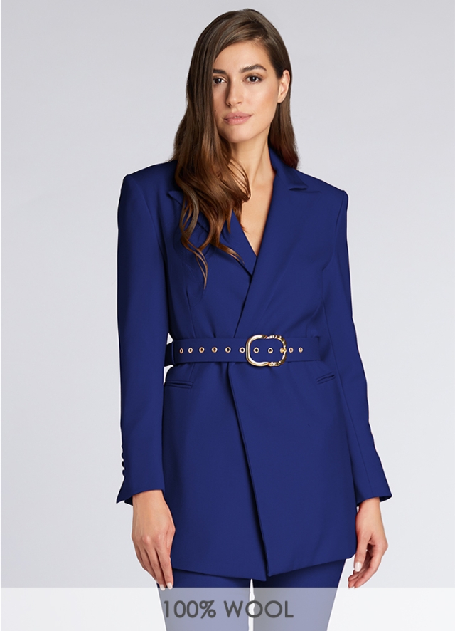 Sacou birou din lana albastra cu curea asortata in talie Davos