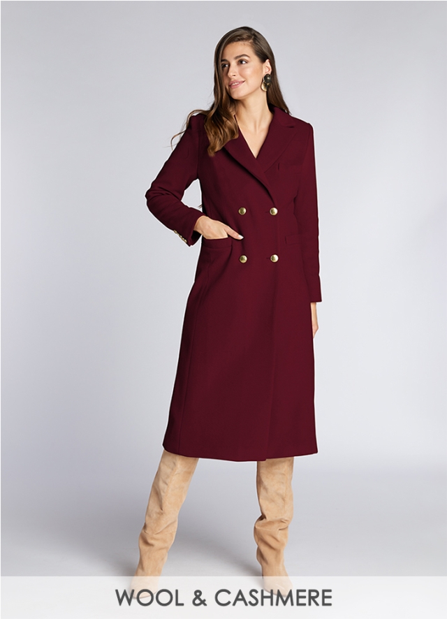 Palton midi din lana visiniu cambrat cu doua randuri de nasturi Forum 