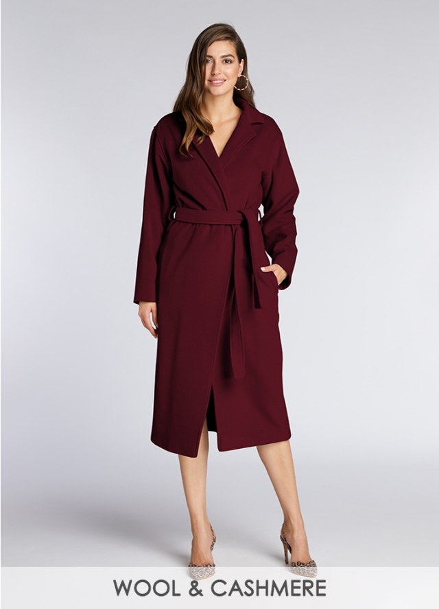 Palton midi din lana  visiniu cu croiala petrecuta si cordon Summit