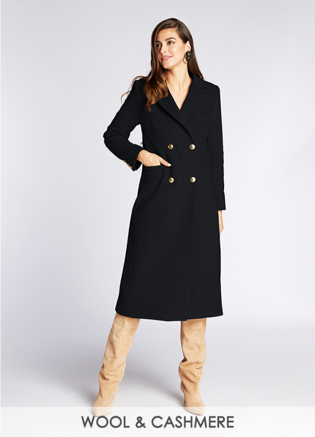 Palton midi din lana negru cambrat cu doua randuri de nasturi Forum 