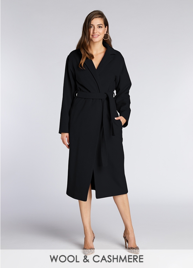 Palton midi din lana negru cu croiala petrecuta si cordon Summit