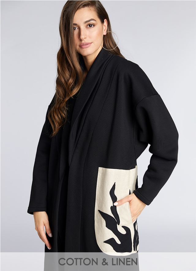 Cardigan midi din bumbac negru cu buzunare broderie Almeria