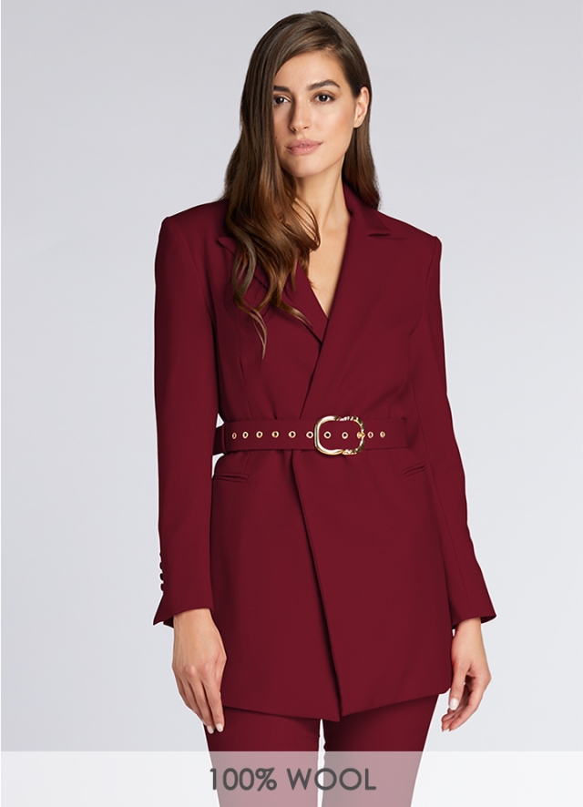 Sacou birou din lana visiniu cu curea asortata in talie Davos