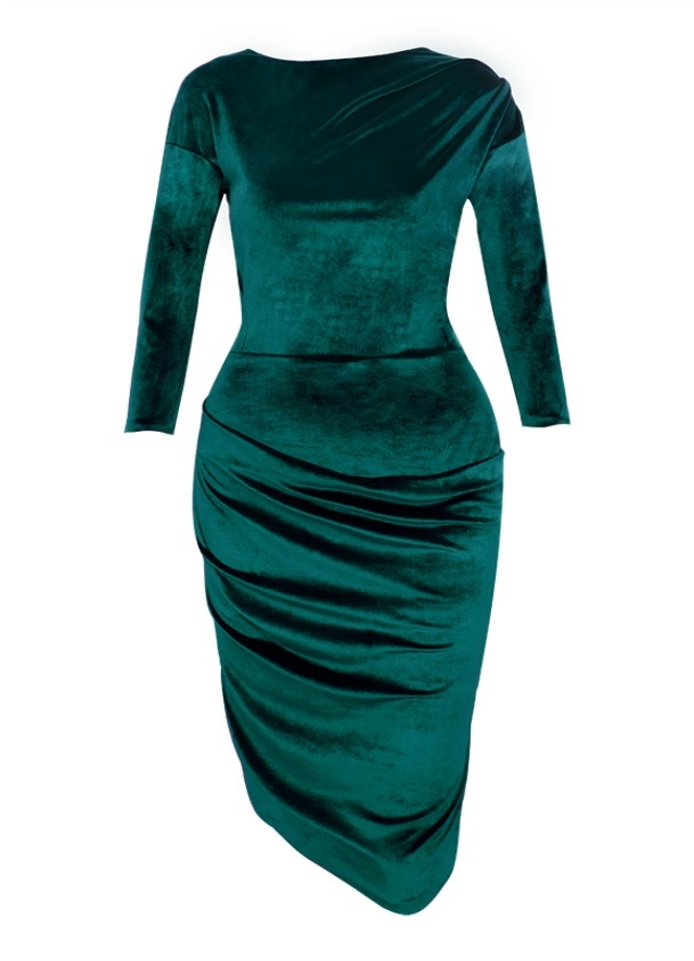 Rochie cocktail midi verde cu drapaje si fusta asimetrica tip creion Blaze 