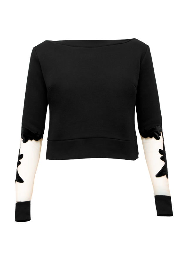 Pulover scurt negru din bumbac cu detalii din tulle si broderie Canvas