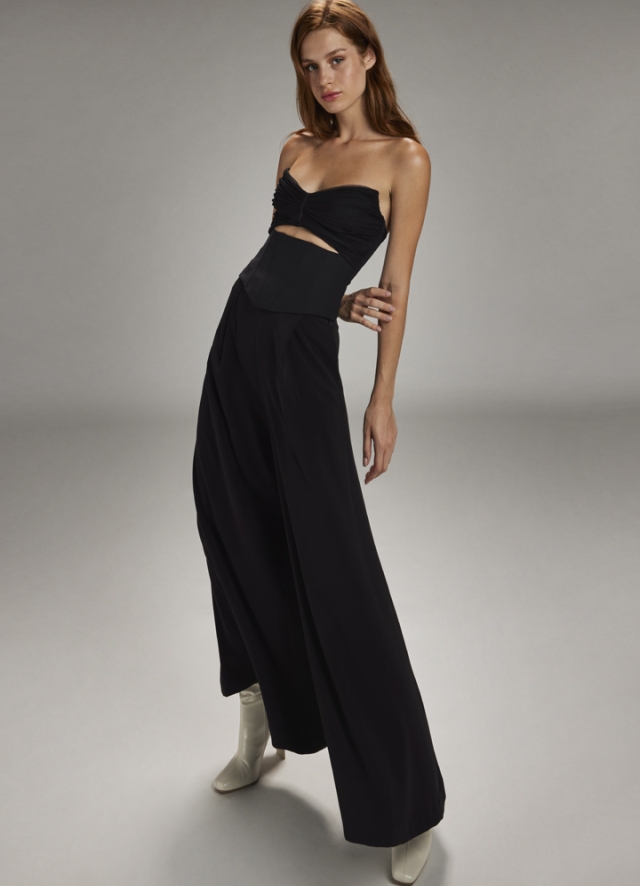 Pantaloni largi negri cu pliuri si talie inalta Monolit