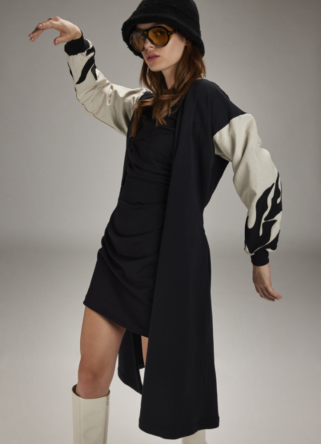 Cardigan midi negru din bumbac cu maneci din in si broderii Orion