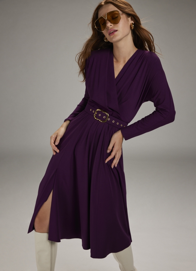 Rochie midi mov cu decolteu in V si curea asortata Indigo