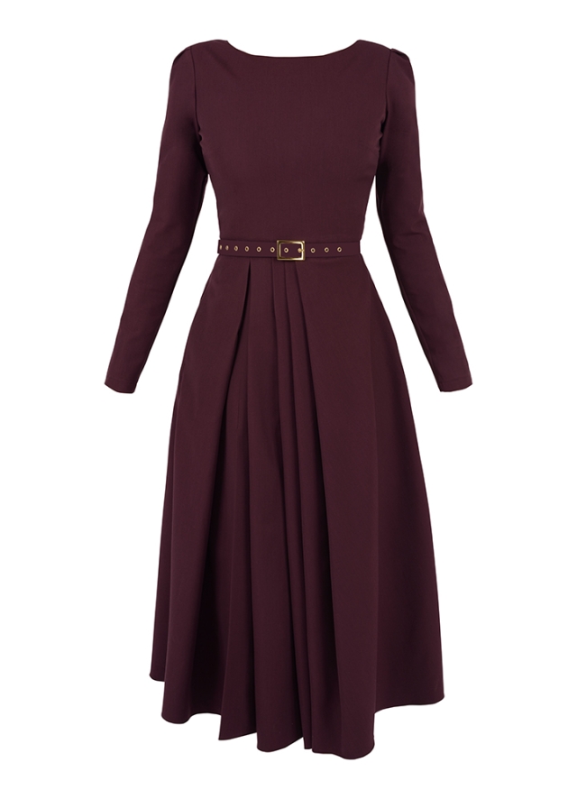 Rochie cocktail midi cu fusta cu pliuri si curea asortata Haga