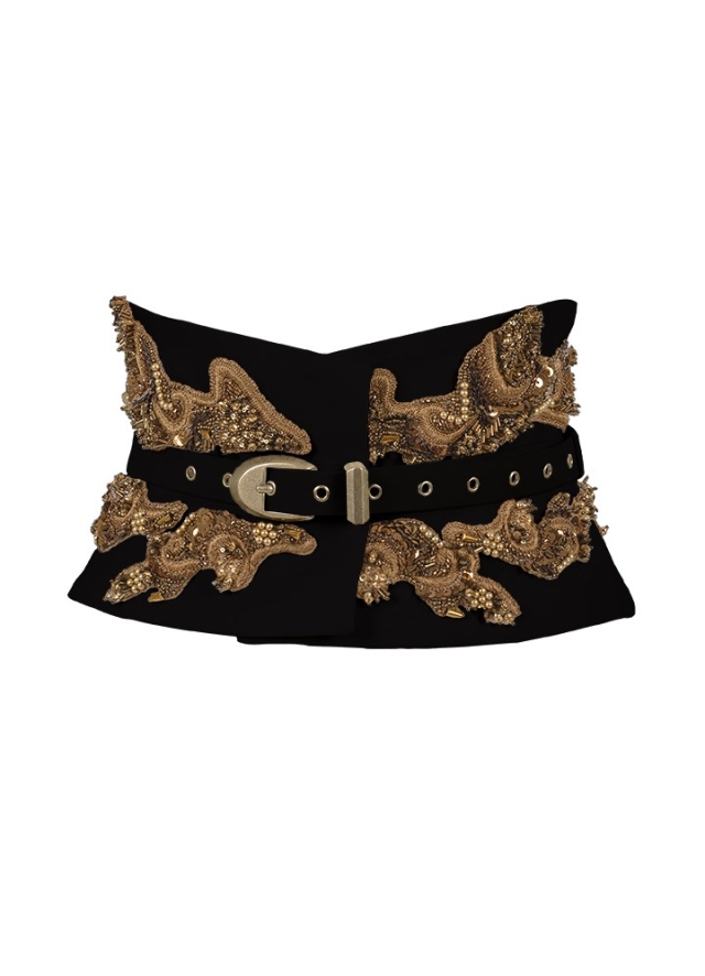 Brau textil negru din lana cu broderii si curea subtire ajustabila Louvre