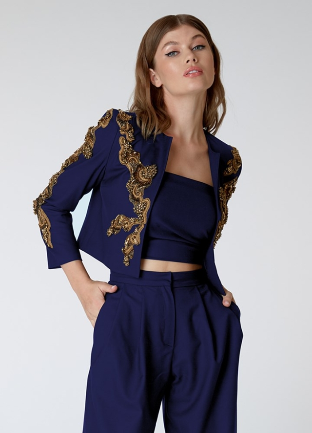 Sacou cocktail scurt bleumarin din lana cu broderii Magna