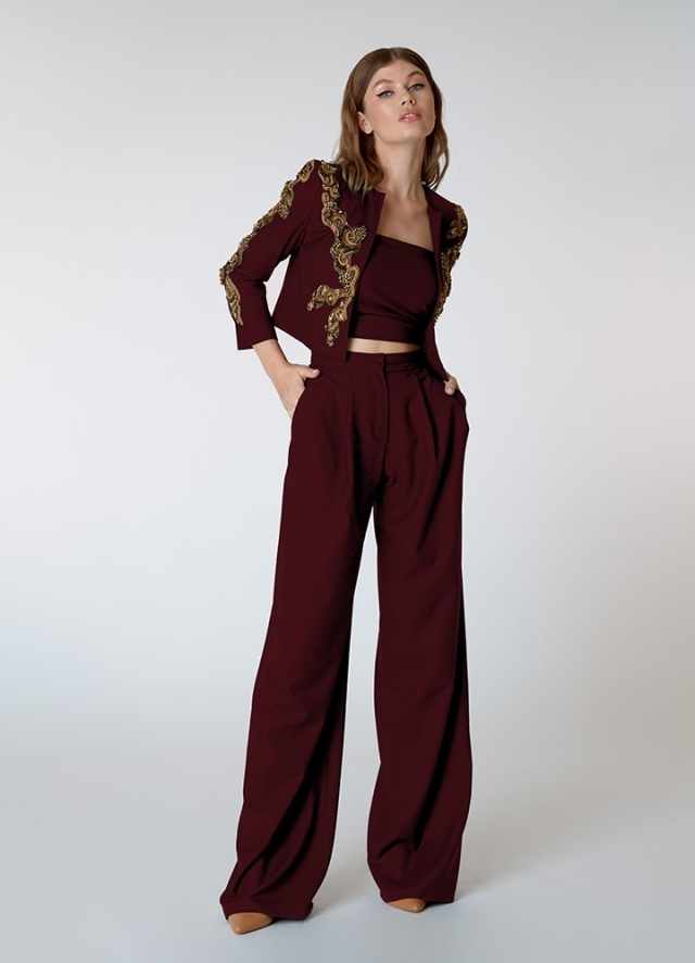 Pantaloni office visinii din lana cu talie inalta Leonardo