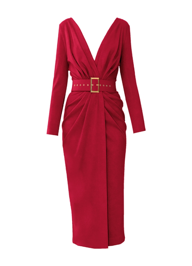 Rochie midi rosie drapata din vascoza cu curea asortata Sting