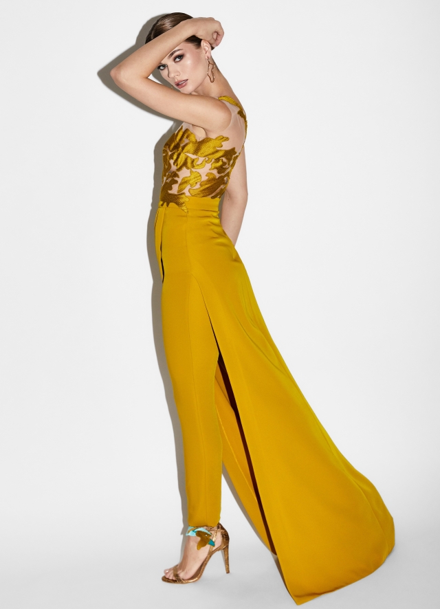 Salopeta cocktail galbena cu fusta si broderii Chameleon