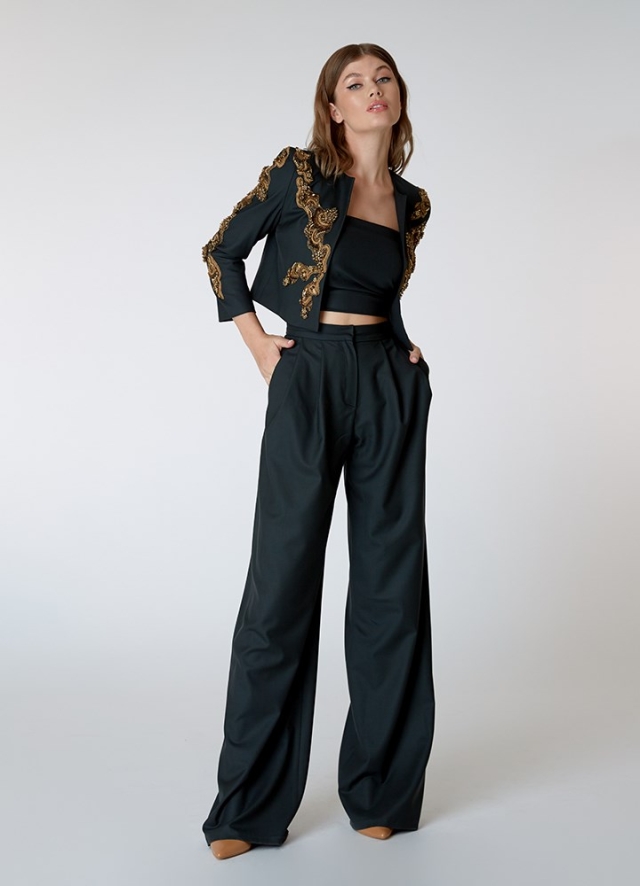 Pantaloni office verzi din lana cu talie inalta Leonardo