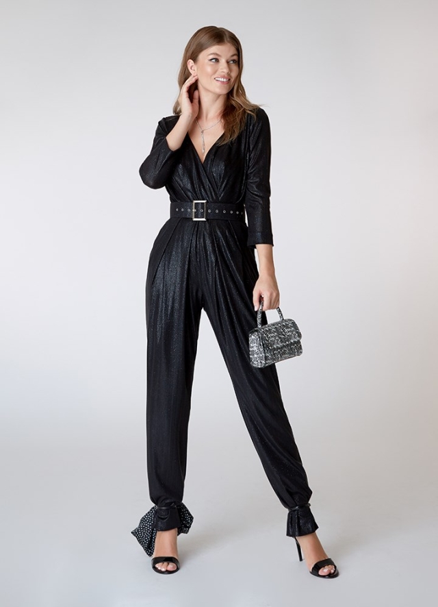 Salopeta cocktail lunga neagra cu drapaj si curea asortata Lorenzo 