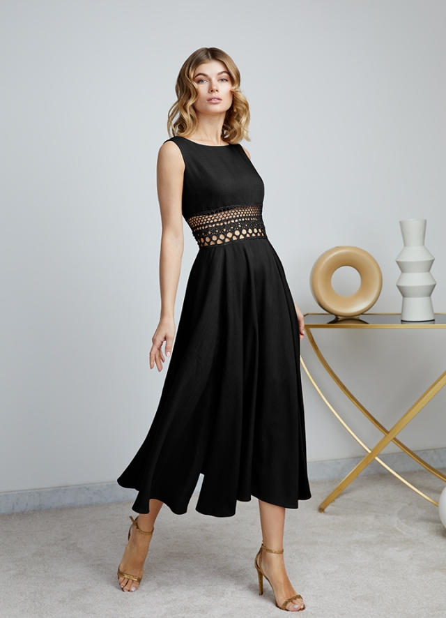 Rochie cocktail midi neagra din in cu decolteu rotund si detaliu crosetat pe talie Amman 