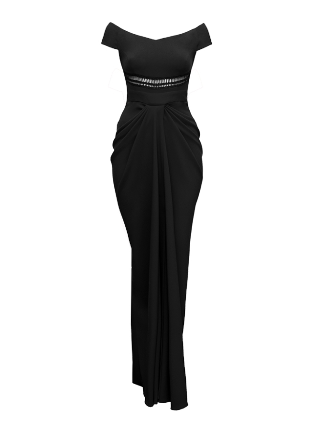 Rochie de seara lunga neagra cu fusta drapata si detaliu crosetat pe talie Armada