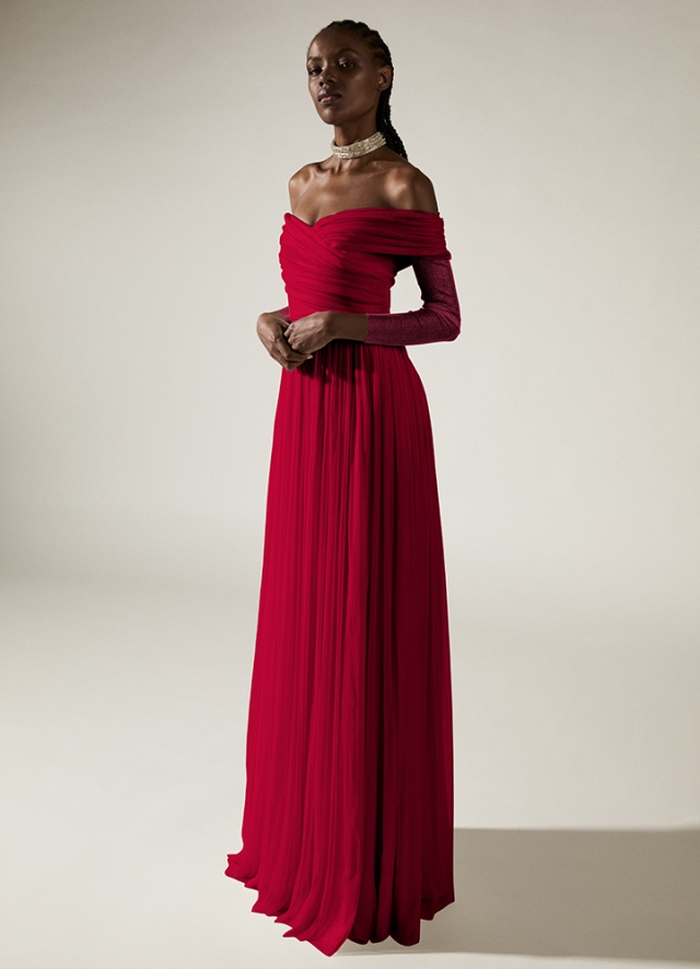 Rochie lunga de seara rosie din tulle matase cu decolteu pe umeri si corset ajustabil Cello