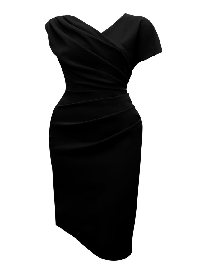 Rochie conica asimetrica neagra cu drapaje si decolteu in V Chance