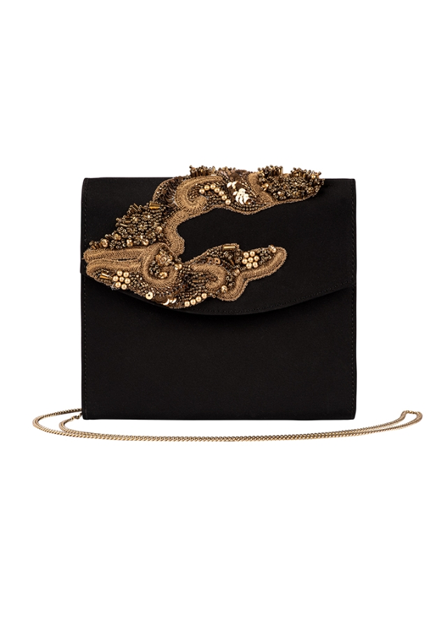 Geanta neagra din satin cu broderie si lant metalic Morocco