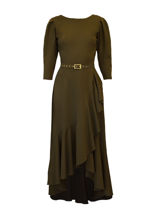 Rochie cocktail lunga kaki din vascoza cu fusta cu volane si curea asortata Hamburg