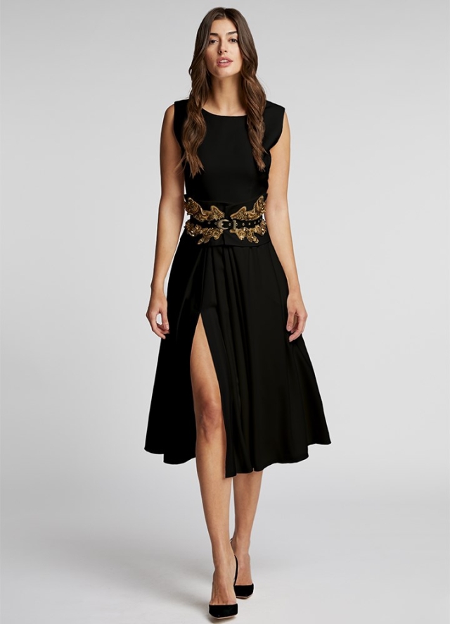 Rochie midi neagra din lana cu buzunare si curea asortata Hope 