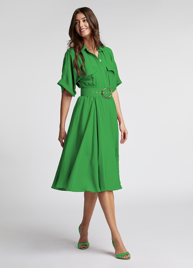 Rochie camasa midi verde evazata din vascoza si in cu maneci largi si curea asortata Icon