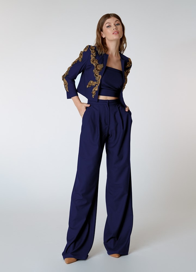 Pantaloni office bleumarin din lana cu talie inalta Leonardo