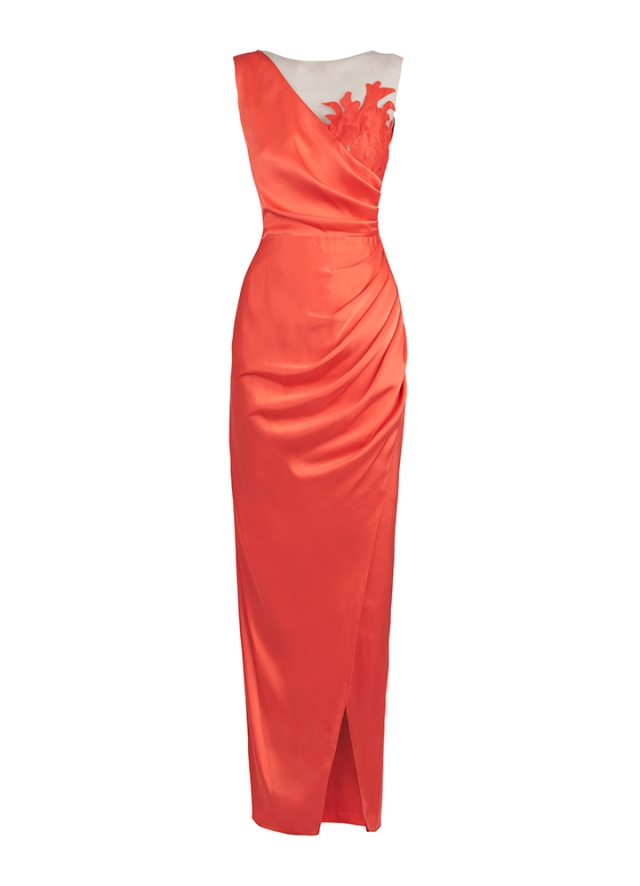 Rochie lunga de seara roz corai cu drapaje si decolteu asimetric cu broderie Mycene 