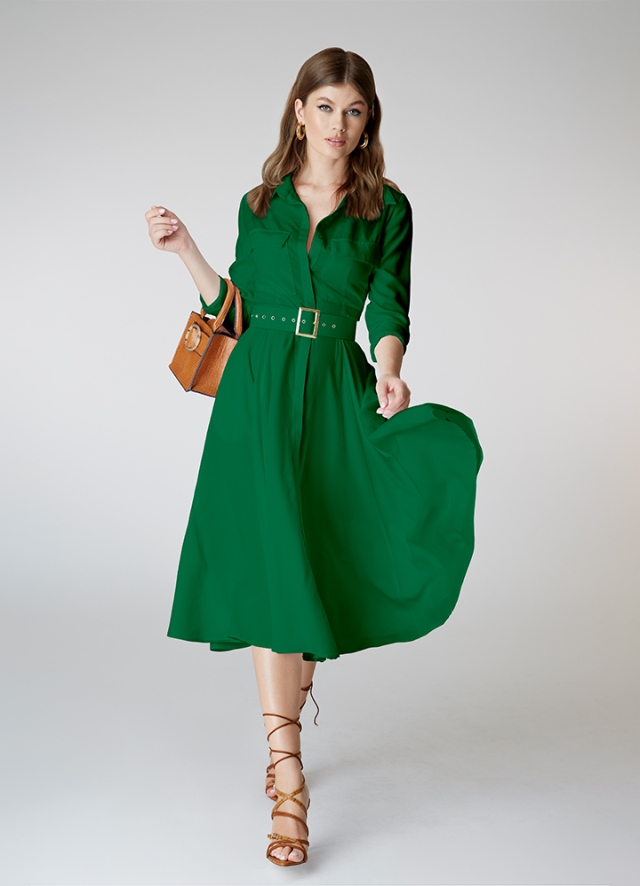 Rochie camasa midi verde inchis evazata din vascoza cu curea asortata Sassy