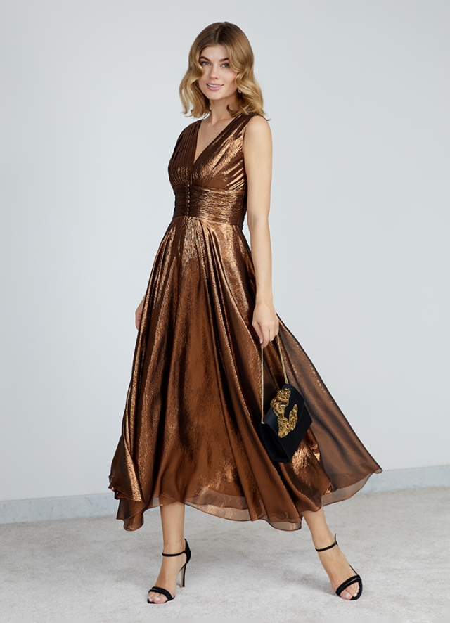 Rochie de seara midi metalica din voal de matase cu decolteu in V Casino