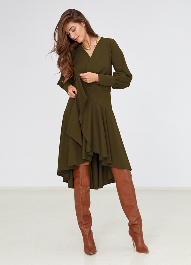 ROCHIE MIDI PETRECUTA  VERDE KHAKI DIN VASCOZA CU VOLAN SI MANECA LUNGA MORINGA