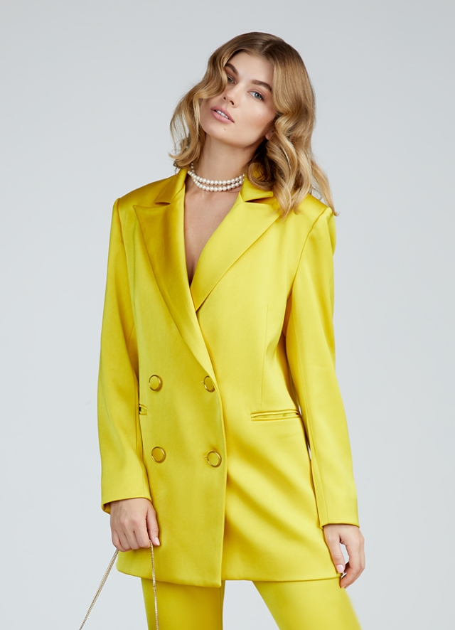 Sacou cocktail galben din satin cu nasturi metalici Sagrada