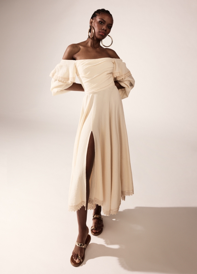  Rochie de resort midi bej din panza topita de bumbac cu maneci ample  Dakar 