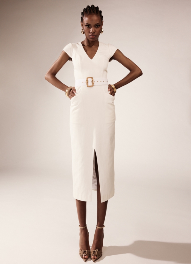 Rochie de resort midi alba din bumbac cu decolteu in V si curea asortata Harmony 