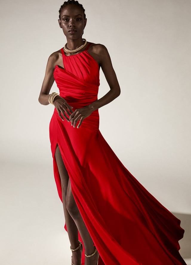 Rochie lunga de seara rosie din matase cu decupaje si drapaje Veritas